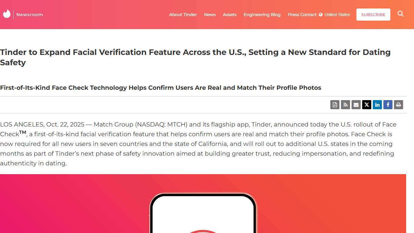 Tinder to Expand Facial Verification Feature Across the U.S., Setting a New Standard for Dating Safety