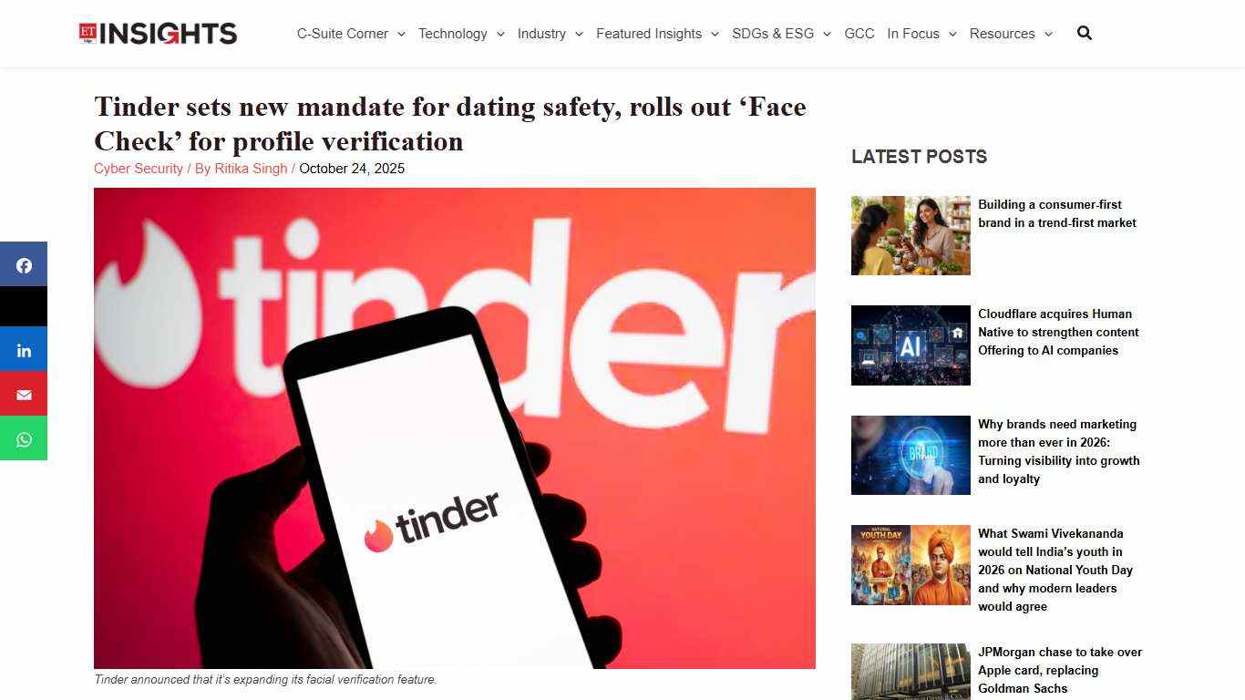 Tinder sets new mandate for safety, rolls out 'Face Check'