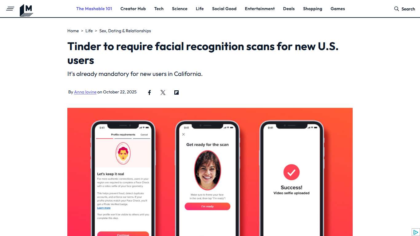 Tinder to require facial recognition scans for new U.S. users | Mashable